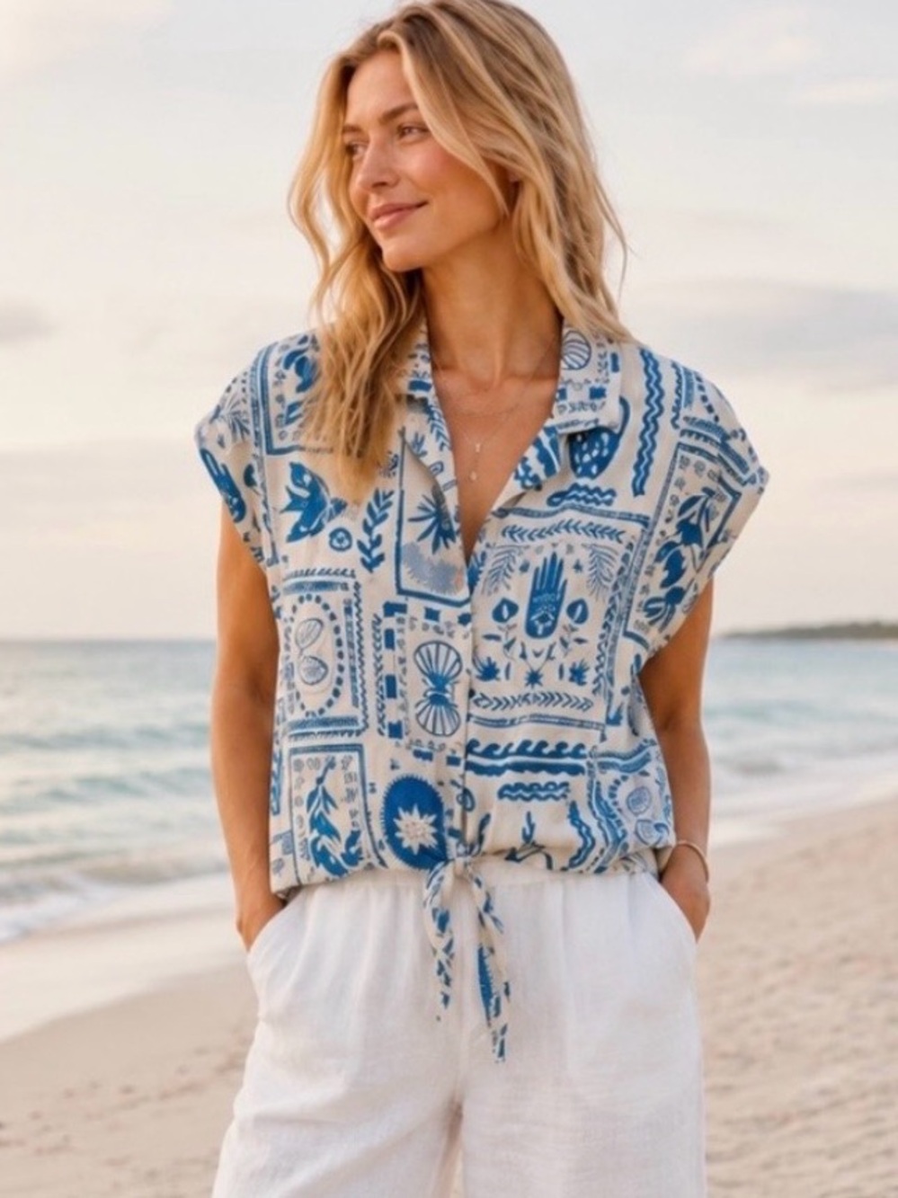 Calypso St Barth Linen Blend Top L Tie Front Coastal Mediterranean Resort Cruise